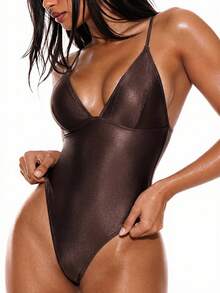 Oceva Maillot de bain une pièce sexy et à la mode pour femmes, dos nu, bretelles fines, décolleté plongeant, couleur unie, pour la plage, les loisirs, les vacances, le bord de mer, le spa. Maillot de bain pour femmes - Tabac - Voir 4