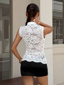 Muchica White Lace Bodysuit Sleeveless Shirt For Women - White - View 2