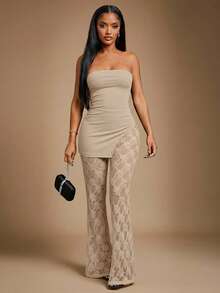 Radiana 女士性感优雅黑色蕾丝两件套，包含加厚罗纹抹胸上衣和蕾丝喇叭裤，高弹面料贴合身形，适合约会、聚会、派对、夜店等场合。 - 杏色 - 查看 3