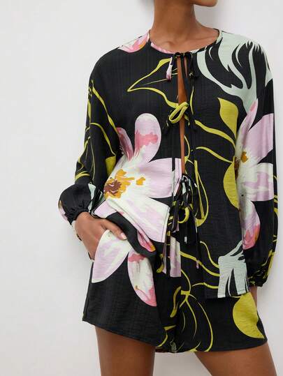 Maija Outfit Deas For Green Printed 2-Piece Set, Long Sleeve Tie Front Crew Neck Top And Pocket Shorts For Women Summer Festival Beach Outfits For Women  Casual Blouses For Women Flower Graphic Blouse For Women Casual Modern New Arrival Blouse Womens Shorts Set