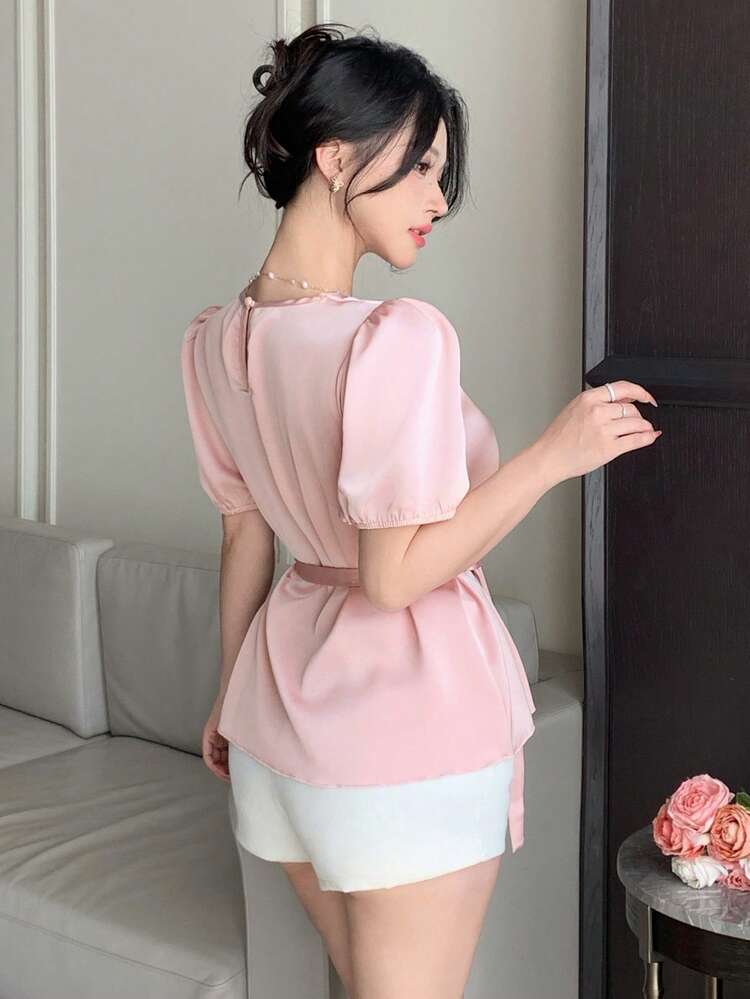 Women's Pink Tie-Up Short Sleeve Shirt