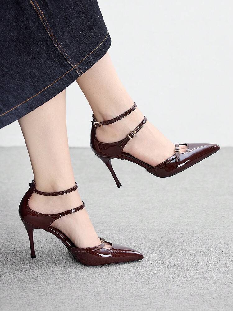 CUCCOO BIZCHIC Coffee Brown Patent Leather Pointed Toe Slingback Pumps With Buckle Decor, Hollow Out Stiletto Heels, Elegant Women Shoes Spring Shoes