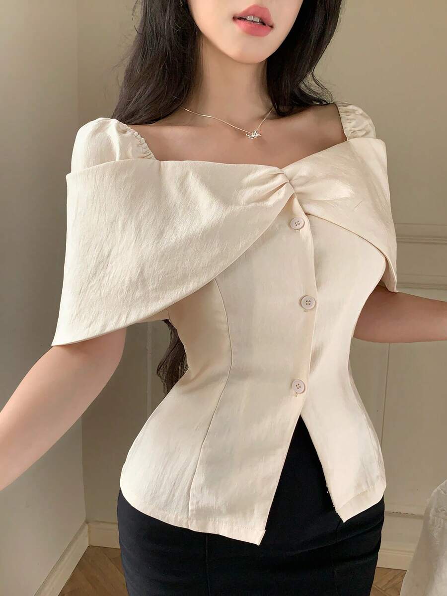 DAZY 女士优雅纯色衬衫,夏季露肩可爱上衣 - 米色 - 查看 1