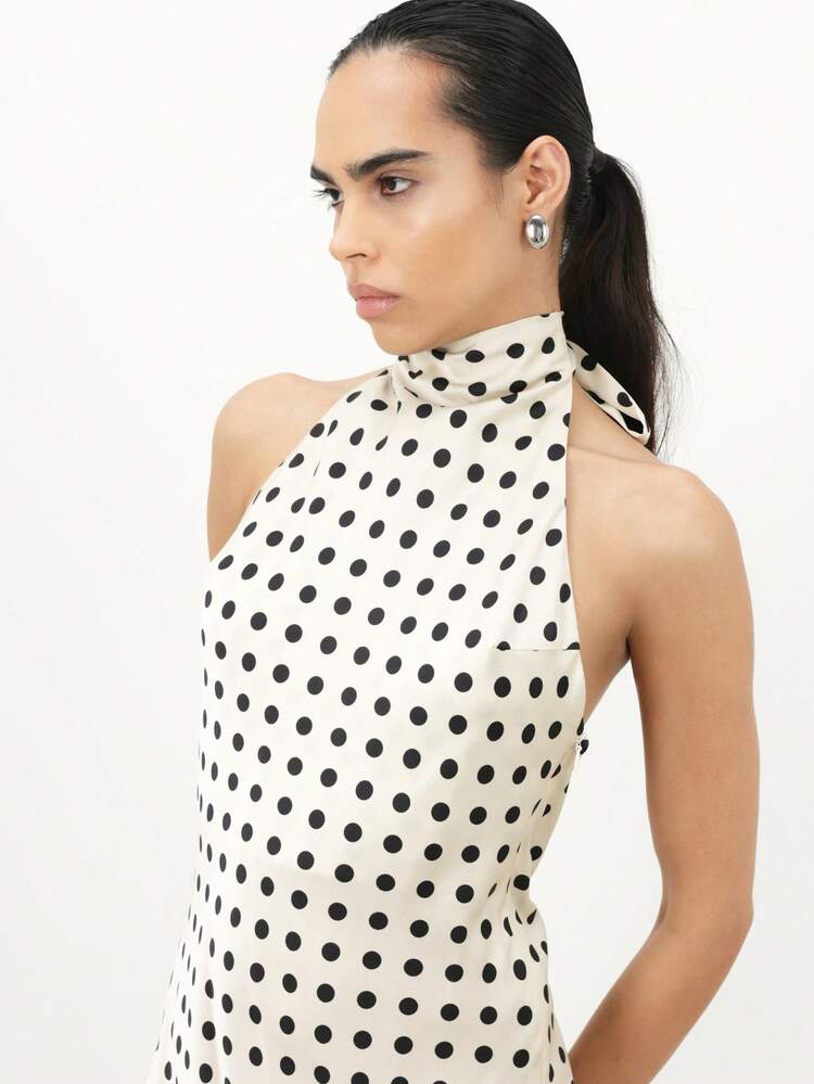 KSTM Women's Polka Dot Halter Neck Maxi Dress With Open Back And Tie Detail For Summer Party Evening Occasions