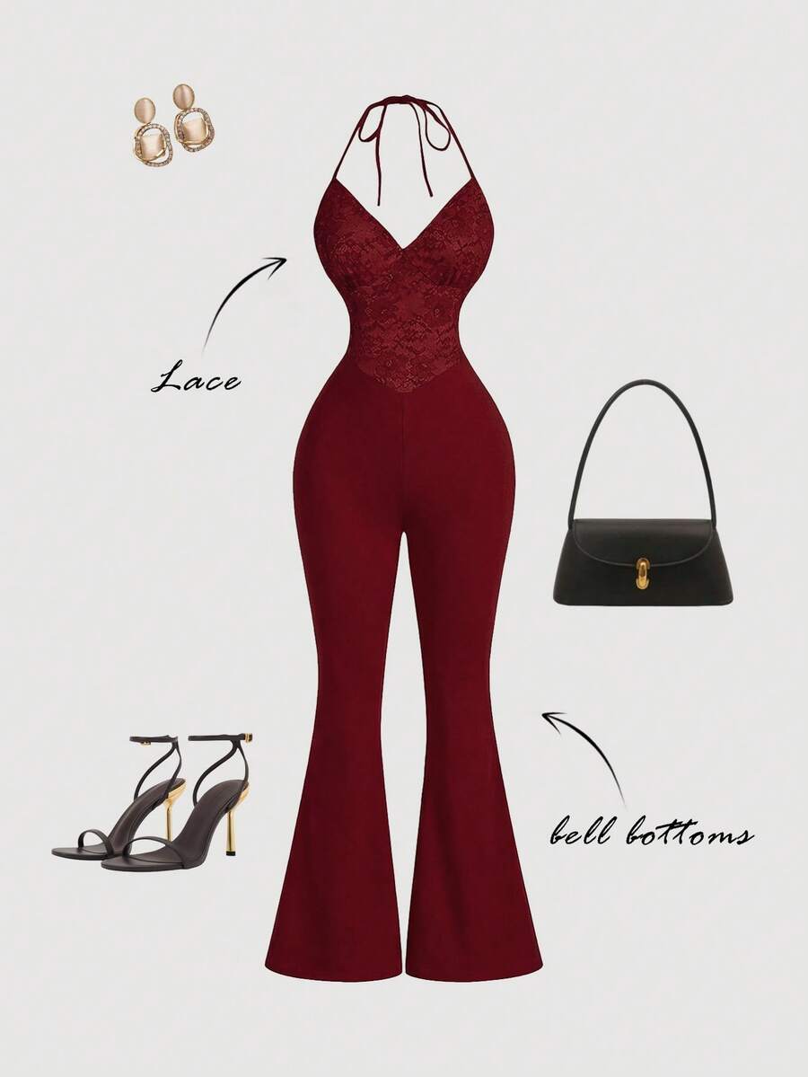 SHEIN MOD Bộ áo liền quần nữ màu đen phối ren dáng xòe - Màu Đỏ Sâu - Xem 1