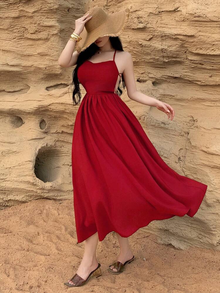 Women's Elegant Solid Color Backless Tie Strap Mid-Length Dress, Summer,Wedding Guest Dress Women Sundress