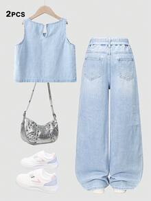 Tween Girls' Casual Denim Set, New Fashionable Minimalist Comfortable Light Blue Washed Denim Outfit - Blue - View 2