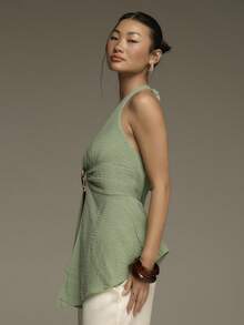 COSMINA 女士衬衫，性感女士夏季衬衫，沙滩度假女士衬衫，夏季女士衬衫，金属扣装饰，不对称下摆设计，褶皱设计，绿色女士衬衫 - 綠色 - 查看 5