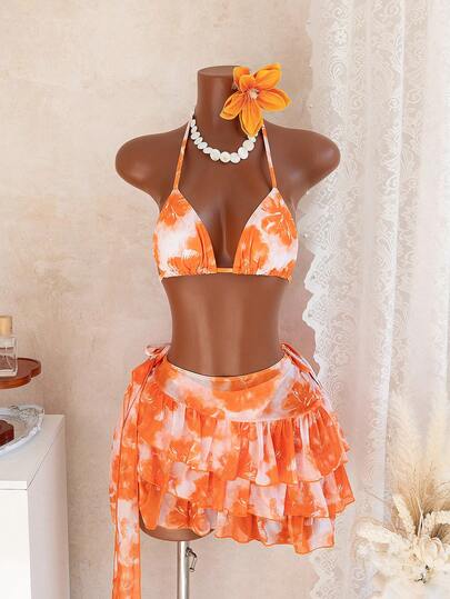 Bellisia 3pcs Summer Vacation Floral Print Halter Bikini Top, Tie Side Bikini Bottom, And Cake Skirt Cover Up Swimwear Set