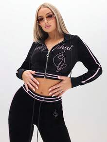 BABYPHAT Plus Size Black Velour Full Zip Sweatshirt With Pink Trim Contrast Detailing And Cursive Script Print Long Sleeve Track Jacket - Black - View 1