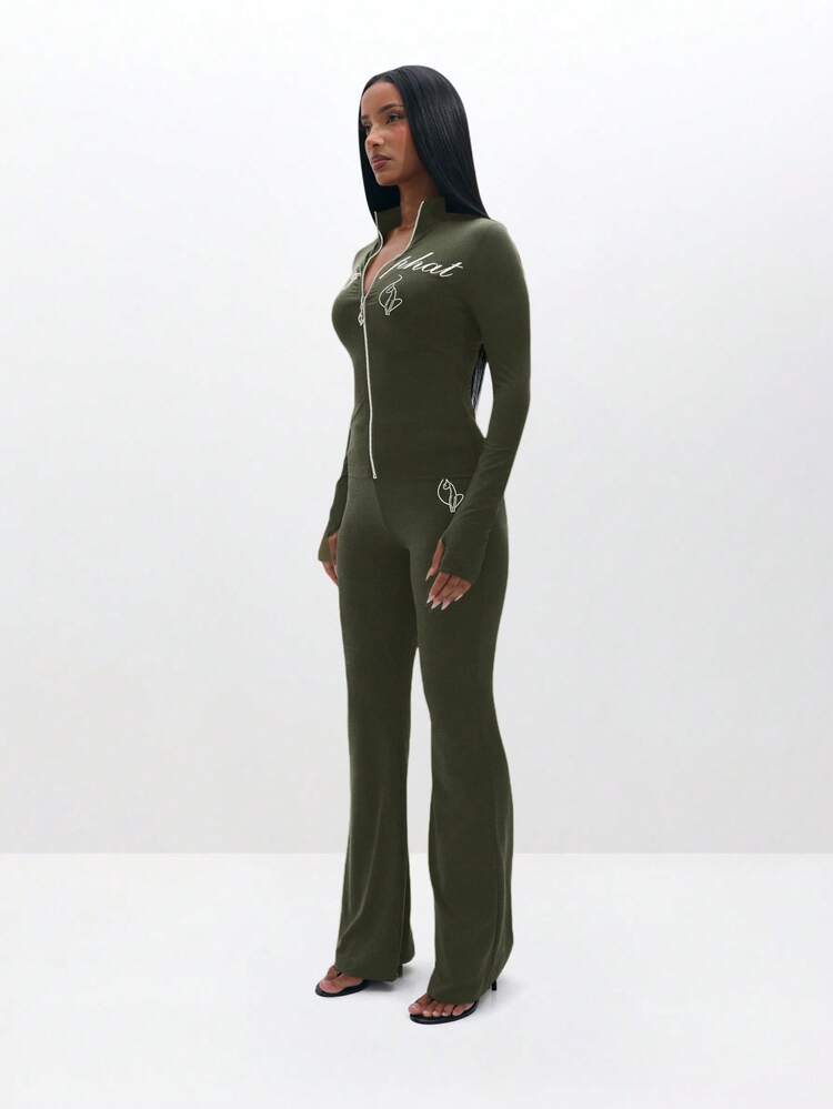 BABYPHAT Plus Size High Waisted Khaki Olive Green Flare Leg Zip Up Jumpsuit With Script Embroidery And Logo Details