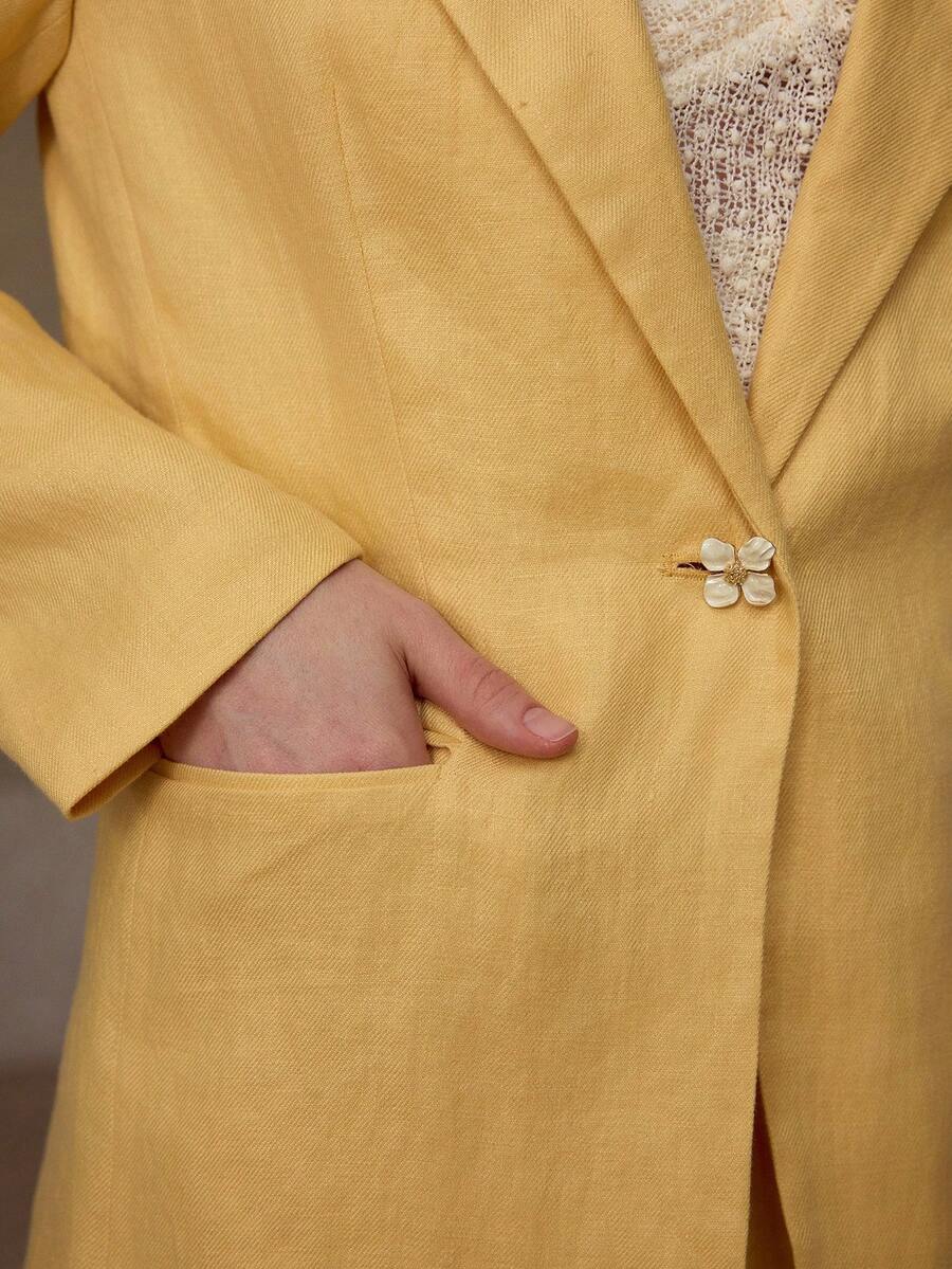 MOTF PREMIUM 女士100%亚麻长袖西装外套，休闲约会装，春夏款 - 黃色 - 查看 2