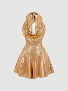 SHEIN MOD 女士深V领露背吊带连体裤 - 金色 - 查看 4