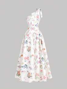 SHEIN MOD 女士浪漫优雅印花扭结前腰收腰无袖连衣裙，度假风 - 彩色 - 查看 5