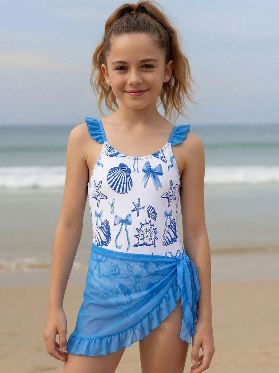 少女新款时尚贝壳印花荷叶边连体泳衣和罩裙套装 - 藍白色 - 查看 1