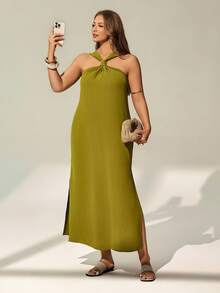 Auralis 大码女式纯色吊带休闲派对连衣裙 - 綠色 - 查看 7