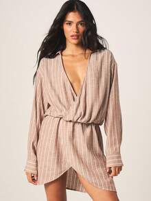 MISSGUIDED Striped Wrap Mini Dress With V-Neck Long Sleeves Casual Tie Detail Fall Winter - Coffee - View 1