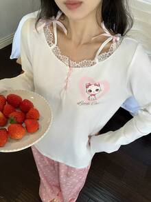 DAZY 2pcs Women Cute Cat Print Lace Patchwork Long Sleeve Top And Loose Pants Pajama Set, Spring - White - View 8