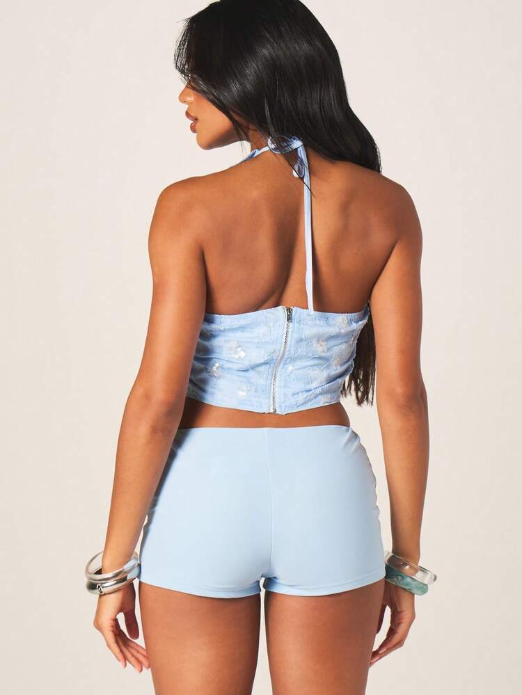 MISSGUIDED Embellished Frill Plunge Halter Neck Top With Tie Back Detail And Ruffled Design Summer Festival Crop Top
