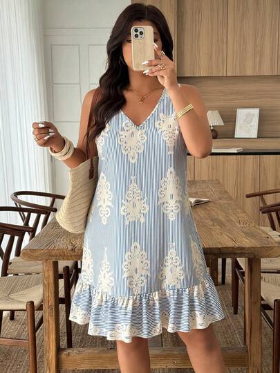 Weeklong 大码女式V领条纹印花荷叶边下摆休闲度假连衣裙，春夏款