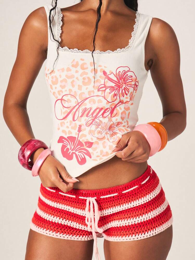MISSGUIDED Women White Ribbed Lace Trim Tank Top With Tropical Hibiscus Flower Angel Print And Scalloped Neckline Casual Summer Sleeveless Top