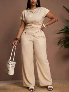 Veslaya 春夏新款优雅度假派对约会晚宴海滩休闲通勤音乐节两件套 - 无袖露脐上衣搭配带口袋的超长阔腿裤，大码裤装夏季套装两件套，女士优雅夏季穿搭 - 杏色 - 查看 1