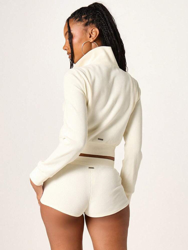 Missguided x Playboy Women's Cream Ribbed Knit Full Zip Hoodie With Drawstring Hood And Centre Pocket Casual Fall Winter Athleisure Jacket
