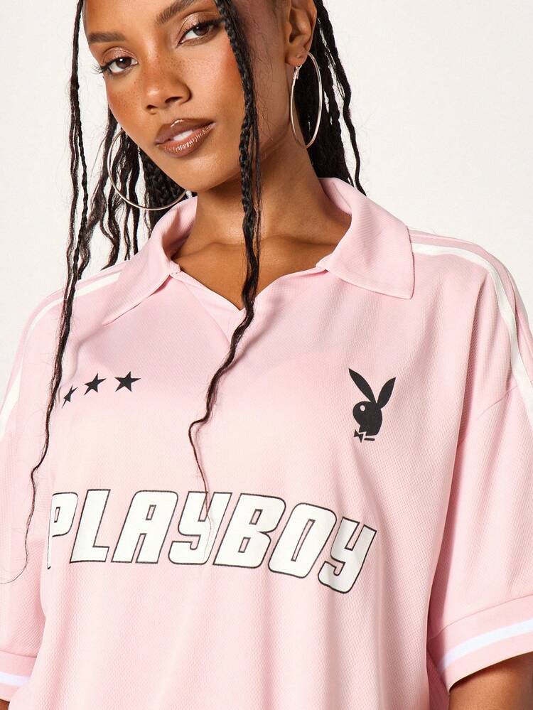 Missguided x Playboy Oversized Collared Jersey T-Shirt With Stars And Logo Print For Casual Streetwear
