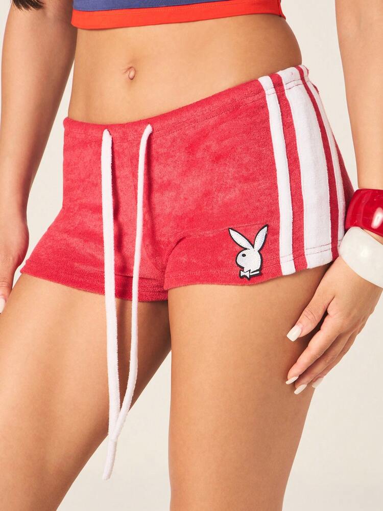 Missguided x Playboy Women's Terry Towel Drawstring Shorts With Bunny Logo And Side Stripes Detail For Casual Summer Wear