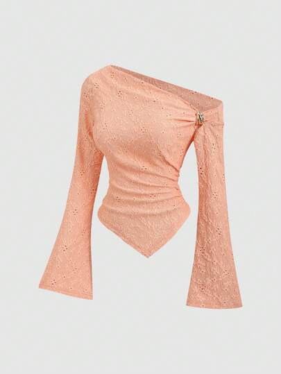 Sweetra Sexy Asymmetric Hem Textured Fabric Casual Blouse