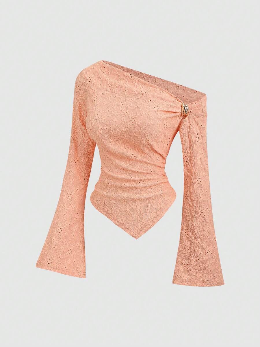 Sweetra Sexy Asymmetric Hem Textured Fabric Casual Blouse - Orange - View 1