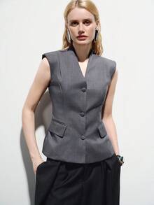Aveloria Modichic Elegantes, bequemes Damen-Weste-Top für den Arbeitsalltag mit Stehkragen, V-Ausschnitt, breiten Schulterpolstern, tailliertem Design und ärmellos - Grau - Übersicht 1