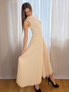 Aless PB 女士優雅百褶緊身A字裙 - 杏色 - 查看 6