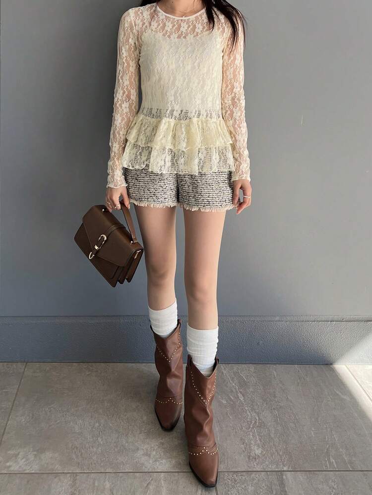 Women's Round Neck Frill Trim Loose Long Sleeve Casual Lace Blouse