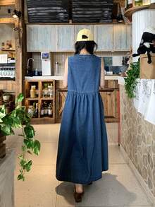 FRIFUL 女士休闲前扣无袖牛仔连衣裙，春夏款 - 藍色 - 查看 5