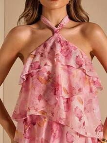 SHEIN BAE 优雅浅粉色印花荷叶边雪纺露背迷你裙，适合音乐节和演唱会，春夏穿着。 - 淺粉色 - 查看 7