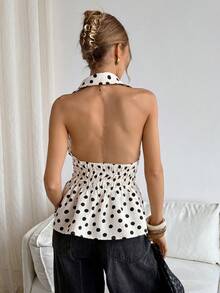 Siren Gaze Women's Polka Dot Halter Backless Single-Breasted Ruffle Hem Fashionable Versatile Date Casual Shirt Halter Neck Top Women Polka Dot Top Backless Shirred Top Polka Dot Top Sleeveless Summer Top - Multicolor - View 7