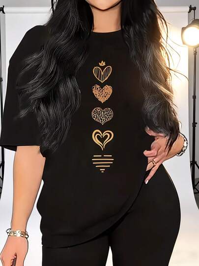 Playera con diseño de corazones en diferentes estilos, diseño estampado, moderno, cuello redondo, manga corta, ideal uso diario, playera holgada, a la moda, ideal para tí.