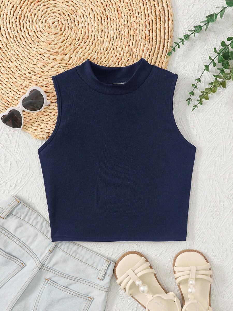 SHEIN Tween Girl Sommar Minimalistisk Enfärgad Ärmlös Linne - Marinblå - Visa 1