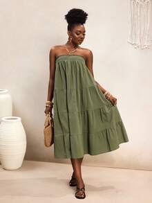 BamGleam Đầm cúp ngực không dây, xếp ly, chất liệu 100% cotton, kiểu boho, dáng suông, thoải mái, thích hợp cho đi biển, dự tiệc, mùa xuân/hè, dành cho nữ. - màu xanh lá - Xem 3