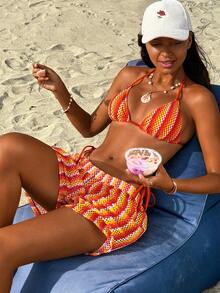 Swim Vcay-D 女士春夏提花面料挂脖三件套比基尼套装 - 彩色 - 查看 4