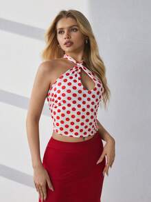 HautHeat Women's Polka Dot Print Hollow Out Halter Neck Sleepwear Top - Red - View 3