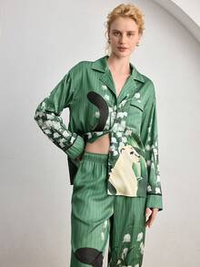 Ocili 女士丝滑缎面豹纹印花舒适宽松翻领贝壳纽扣长袖睡衣套装 - 墨綠色 - 查看 6