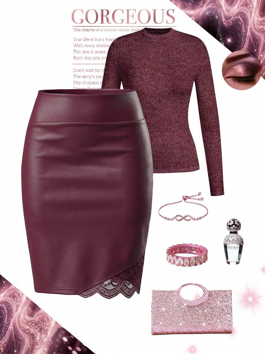 Ellevyn Women's PU Leather & Contrast Lace Sexy Fashionable Mini Skirt, Red - Burgundy - View 1