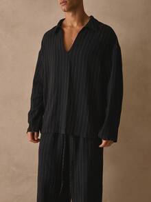 Musero Sold As One V Neck Long Sleeve Shirt Wide Leg Trouser Pant Striped Set Spring Summer Essentials - Black - View 5