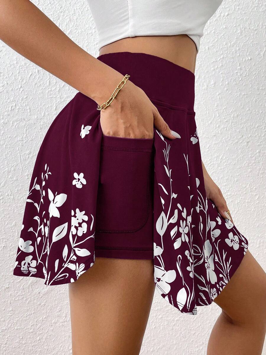 SHEIN Essnce Váy quần nữ mùa hè dáng suông cạp cao, kiểu dáng tối giản, có túi đựng điện thoại, họa tiết hoa. - Màu đỏ tím - Xem 1