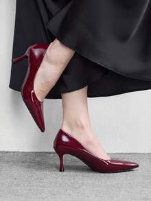 CUCCOO BIZCHIC 四季新款酒红色镜面尖头细跟高跟低帮女鞋，日常百搭通勤商务晚宴派对女鞋 - 酒紅色 - 查看 3