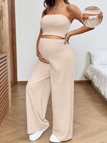 SHEIN 2pcs Maternity Casual Solid Color Tube Top & Pants Set - Khaki - View 2