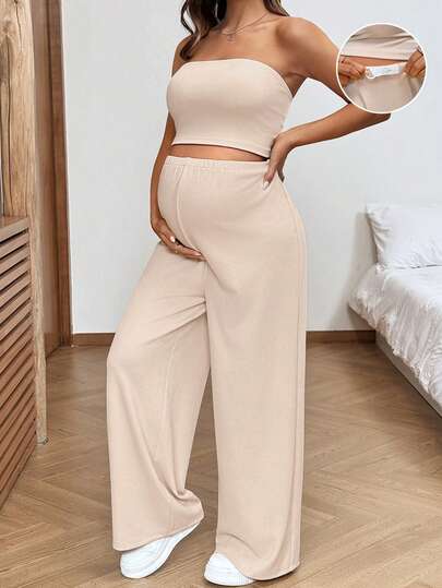 SHEIN 两件套孕妇休闲纯色抹胸上衣和裤子套装