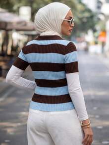 Calvaya 撞色条纹 Polo 领针织上衣，法式街头风格，短袖夏季衬衫 - 咖啡棕 - 查看 2